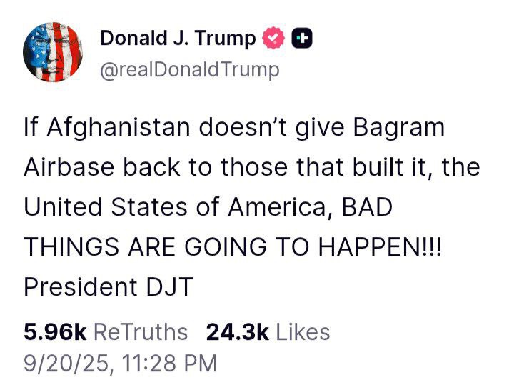 🇺🇸 Donald Trump amenaza a Afganistán con “cosas malas” si no devuelve la base aérea de Bagram a EE. UU.